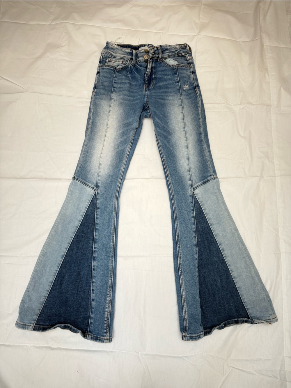 Patchwork Two-Tone Blue Flare Jeans - Picture 1 of 2
